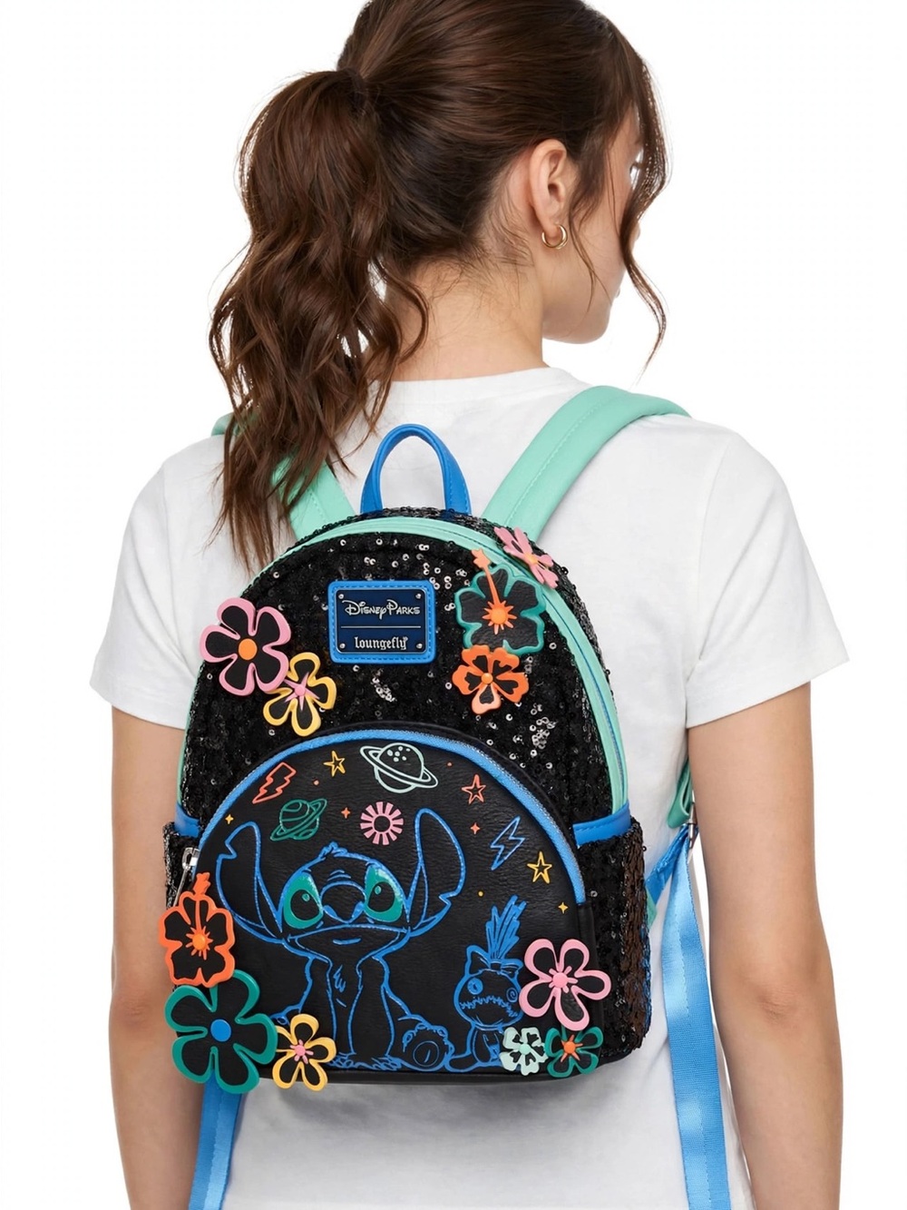 🆕 Loungefly Black Sequin Disney Stitch 626 Day Floral Mini Backpack